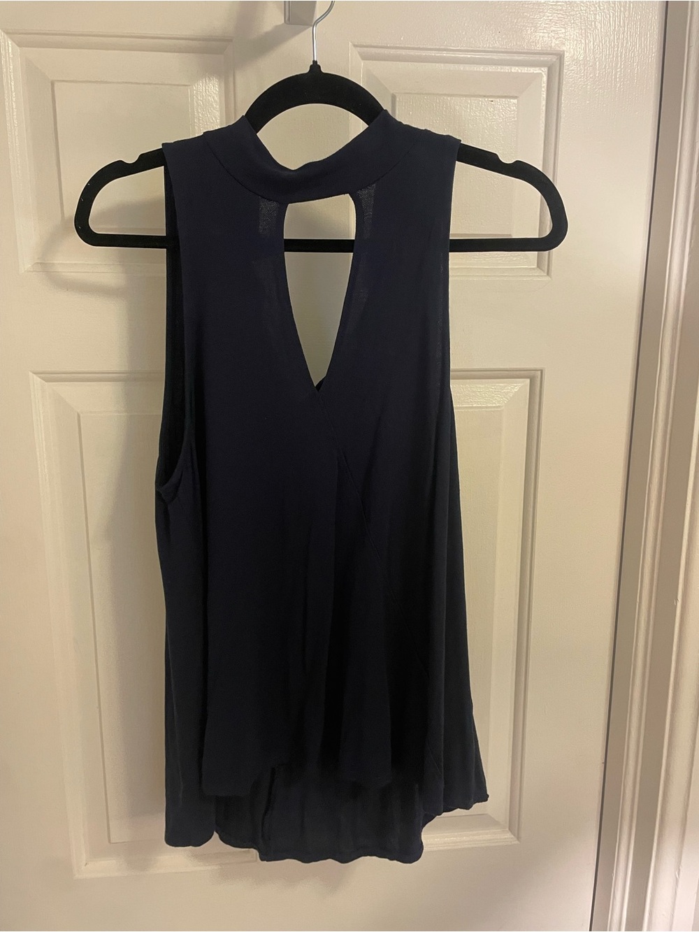 Sleeveless Navy Keyhole Mock Neck Top